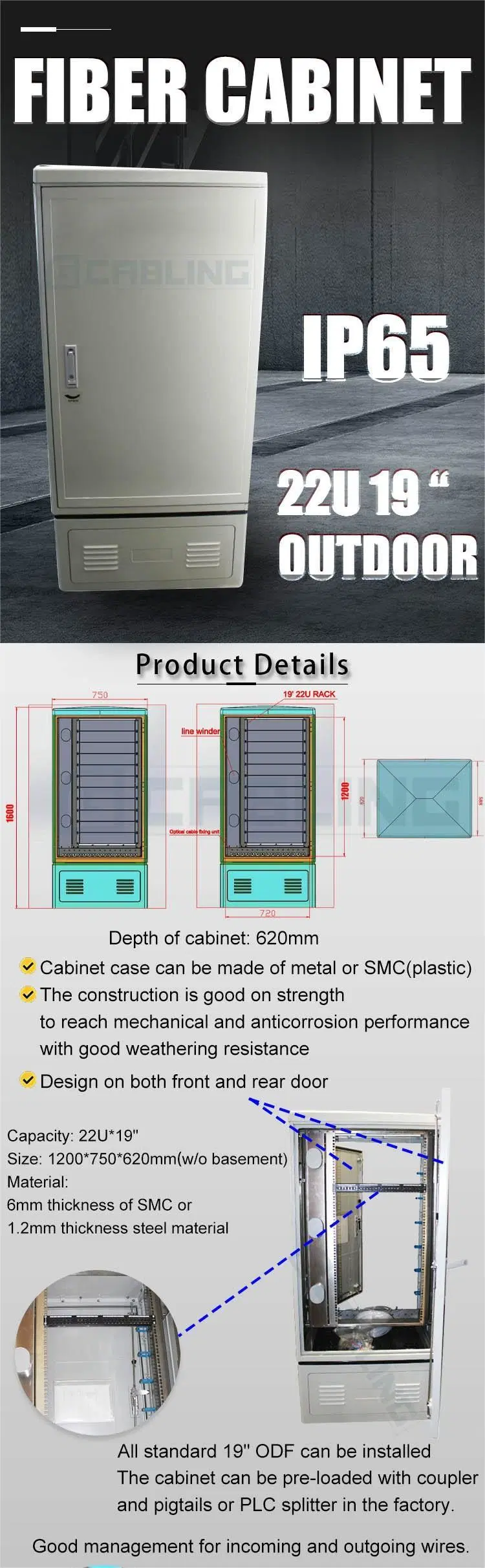 Gcabling Communication Optical Distribution Equipment 22u 19inch IP65 Waterproof Fiber Optic Outdoor Telecom Cabinet